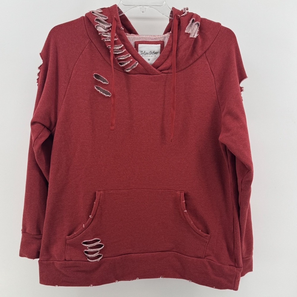 Chelsea DeBoer Hoodie Womens Medium Red Distressed Shredded Pullover‎ Sweatshirt